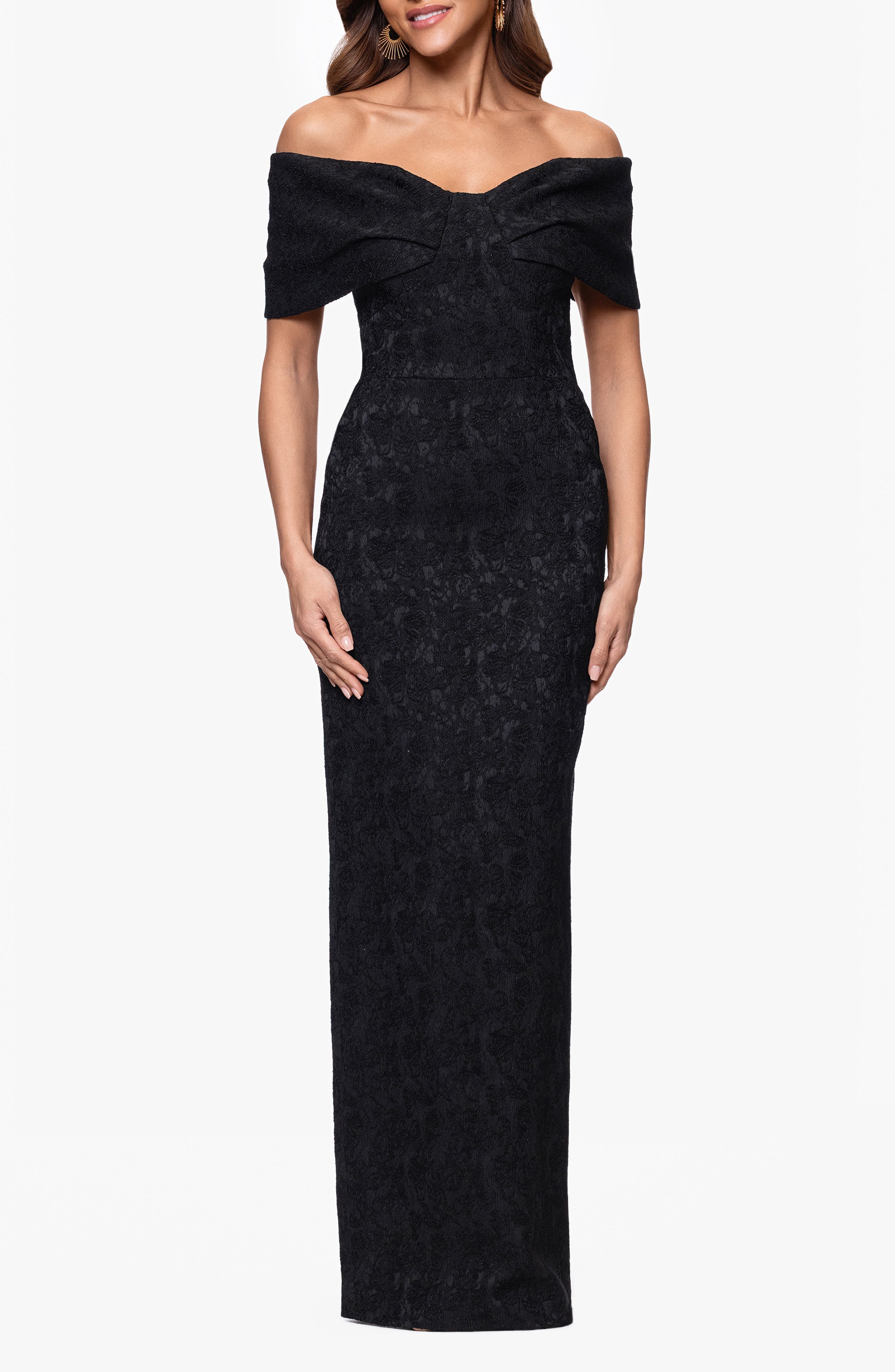 Betsy & Adam Floral Jacquard Off-the-Shoulder Sheath Gown in Black 