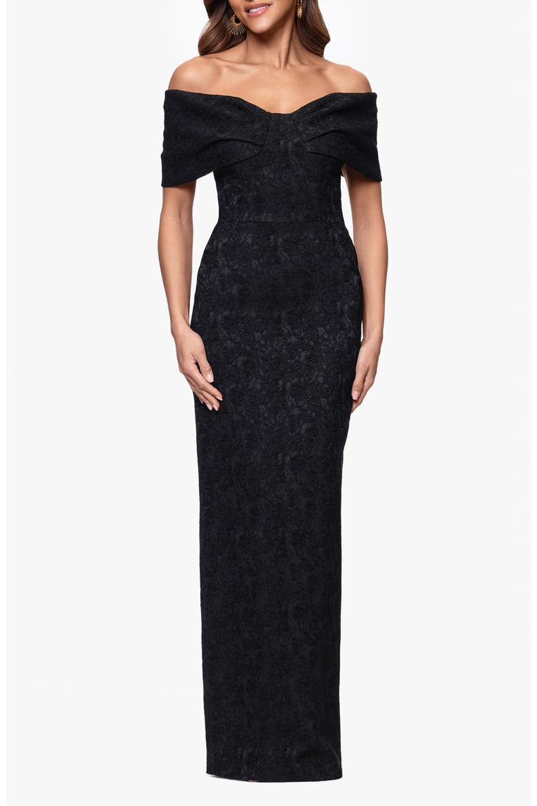 Floral Jacquard Off-the-Shoulder Sheath Gown, Main, color, BLACK