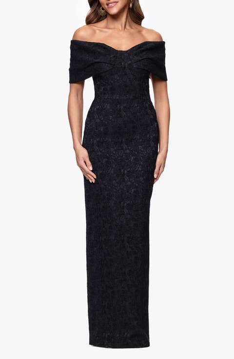 Floral Jacquard Off-the-Shoulder Sheath Gown