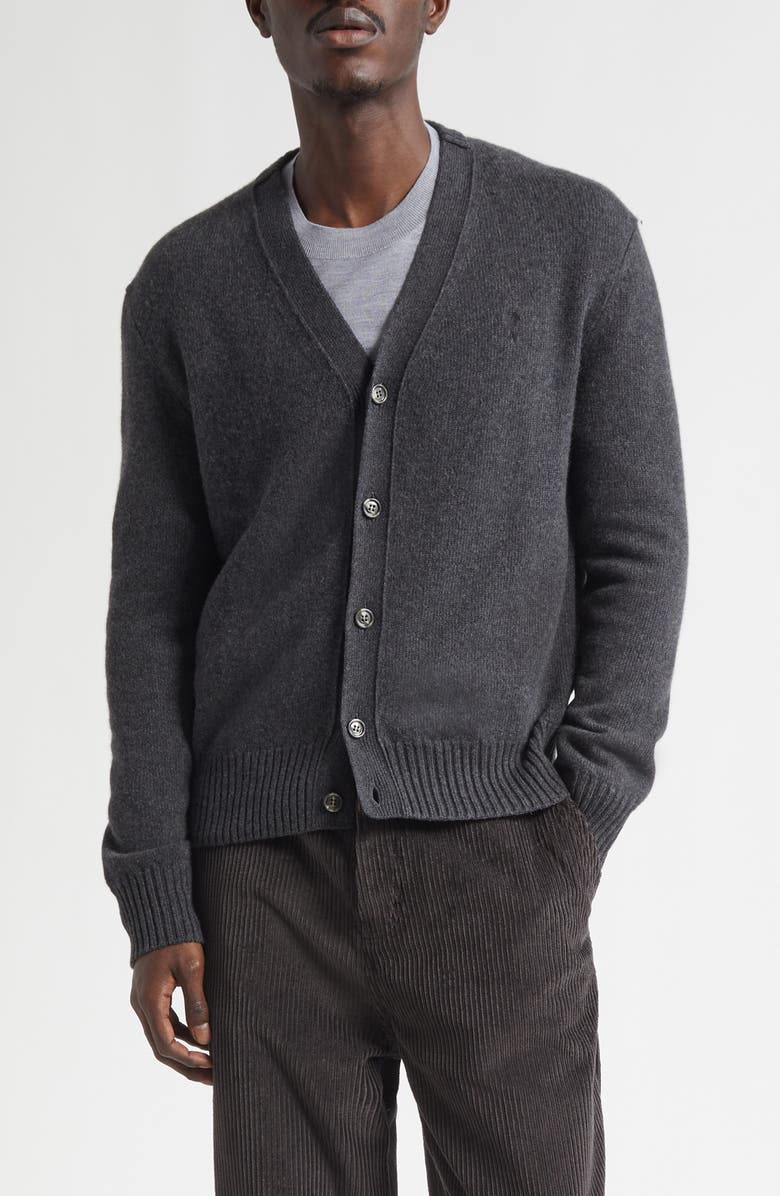 AMI PARIS Ami de Coeur Embroidered Cashmere & Wool V-Neck Cardigan, Main, color, Anthracite