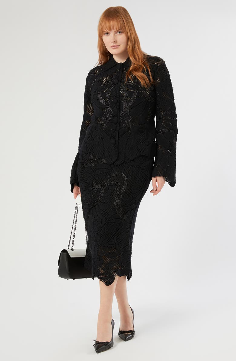 Marina Rinaldi Embroidered Mesh Cotton Blend Cardigan, Alternate, color, Black