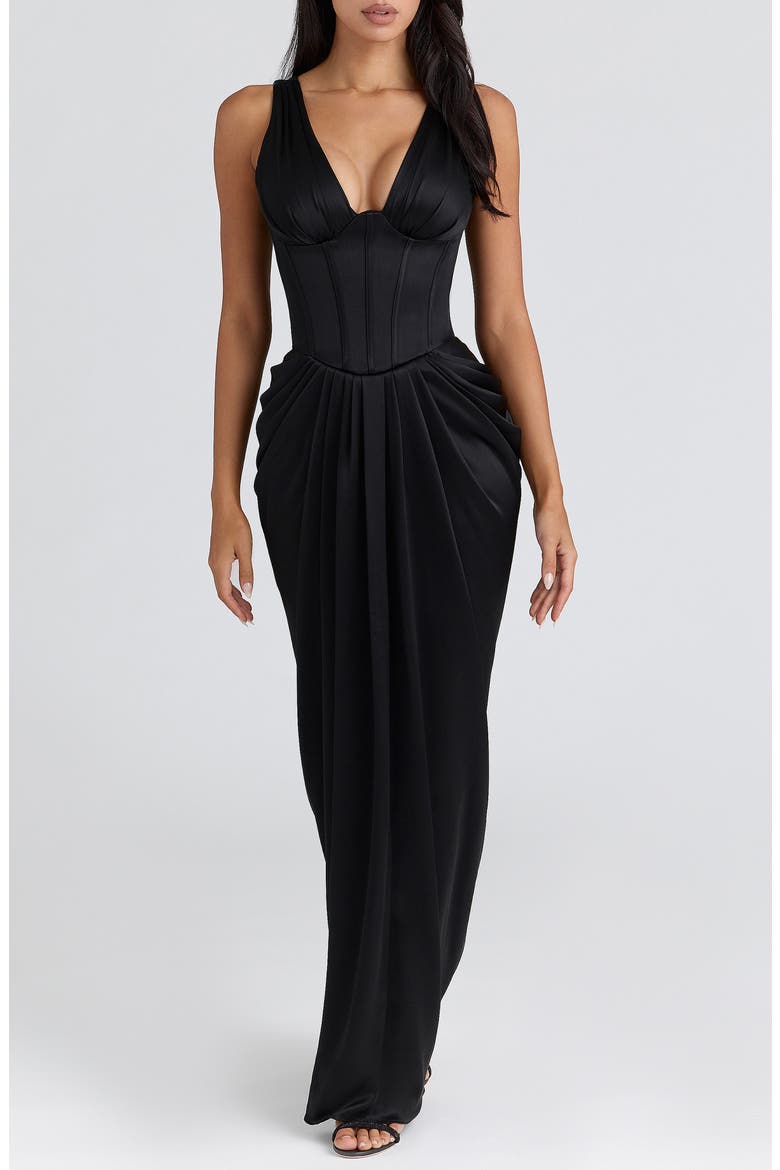 Angeline Strapless Satin Corset Gown, Main, color, BLACK