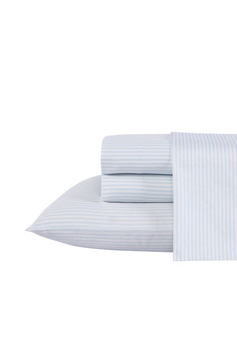 Ramona 4-Piece Blue Striped T300 Cotton Queen Sheet Set