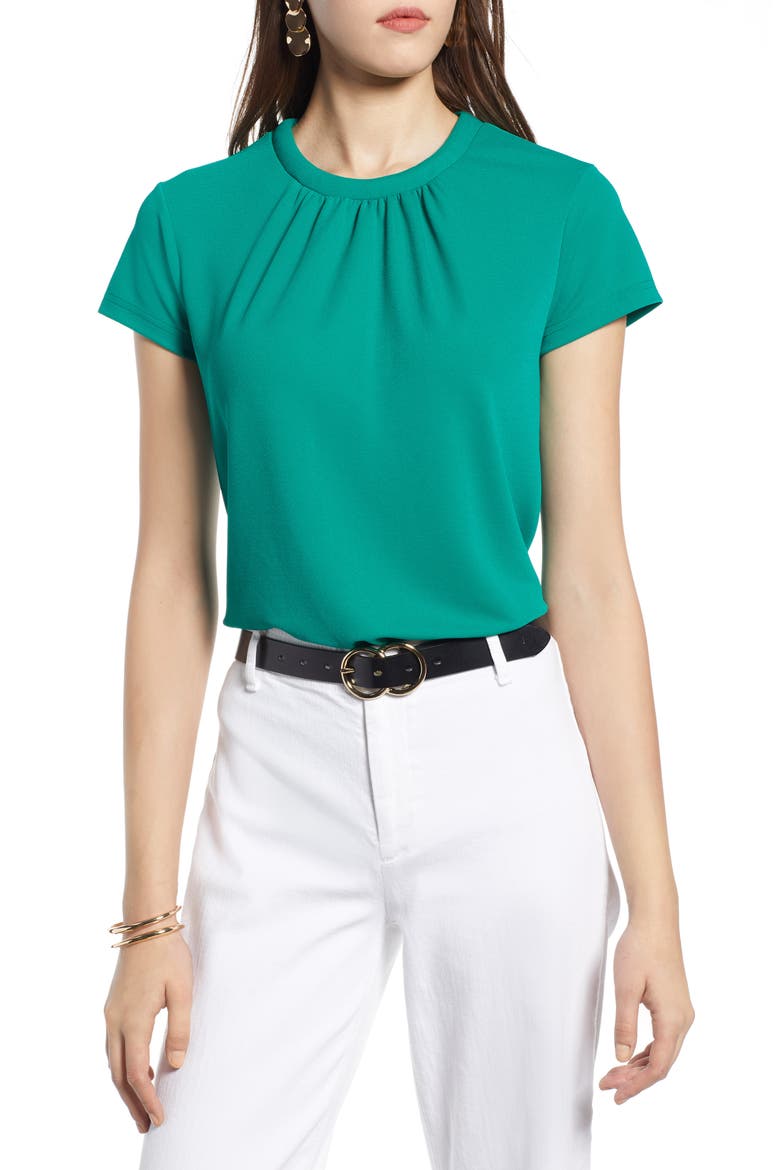 Pleat Front Crepe Top, Main, color, GREEN ULTRA