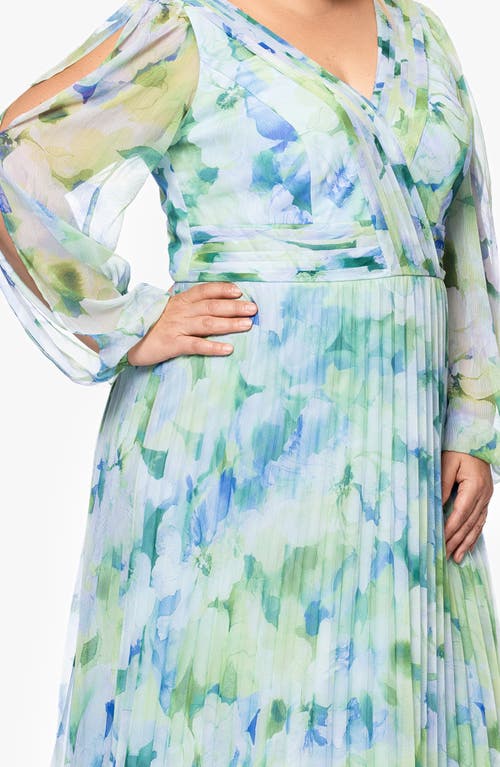 Shop Betsy & Adam Floral Long Sleeve Pleated Gown In Blue/multi