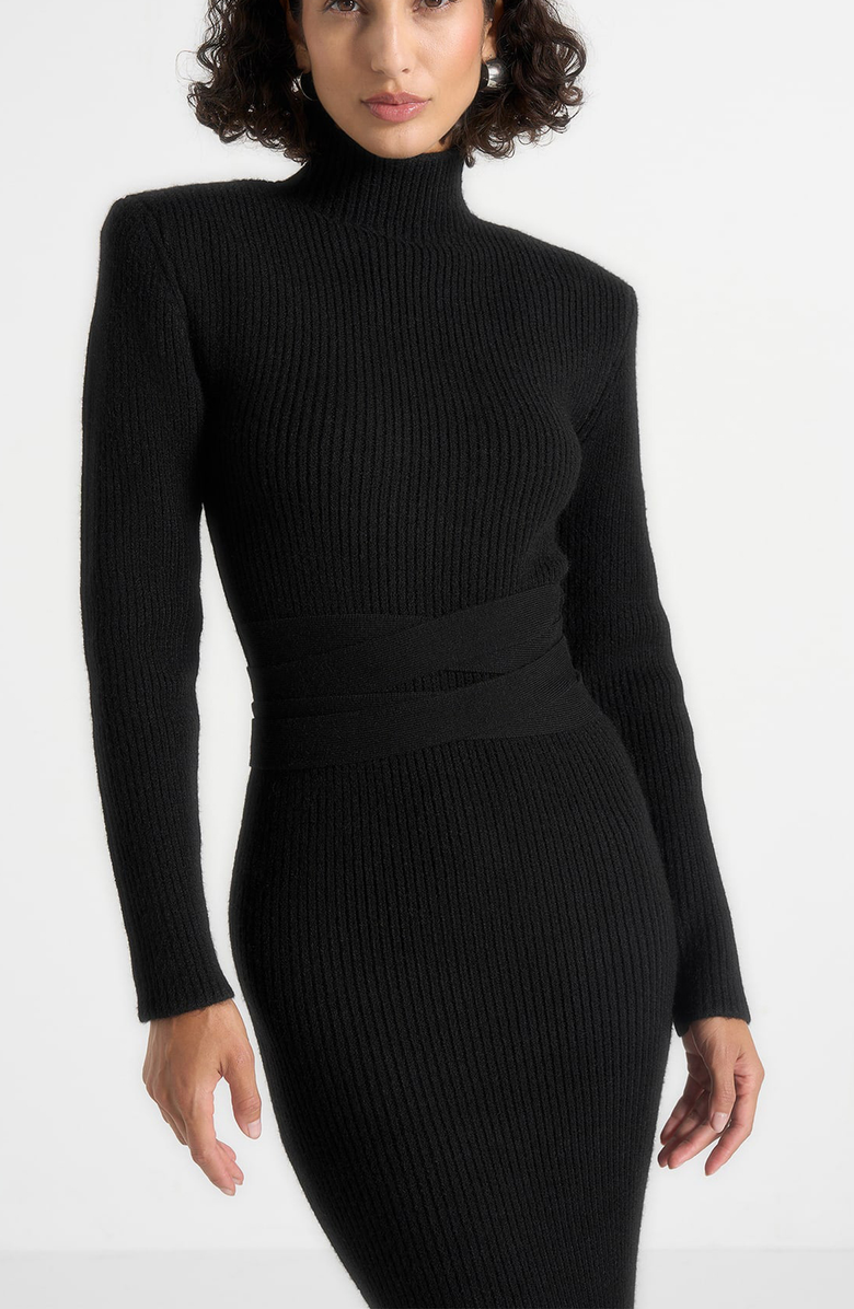 Manière De Voir Hana Wide Shoulder Knit Dress With Waist Tie, Main, color, Black