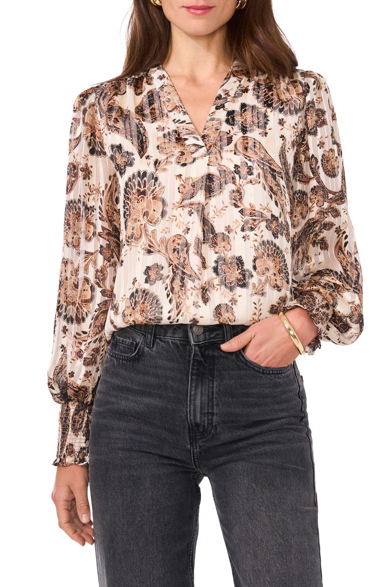 Metallic Stripe Paisley Ruffle Sleeve Top, Main, color, CAFE SKY