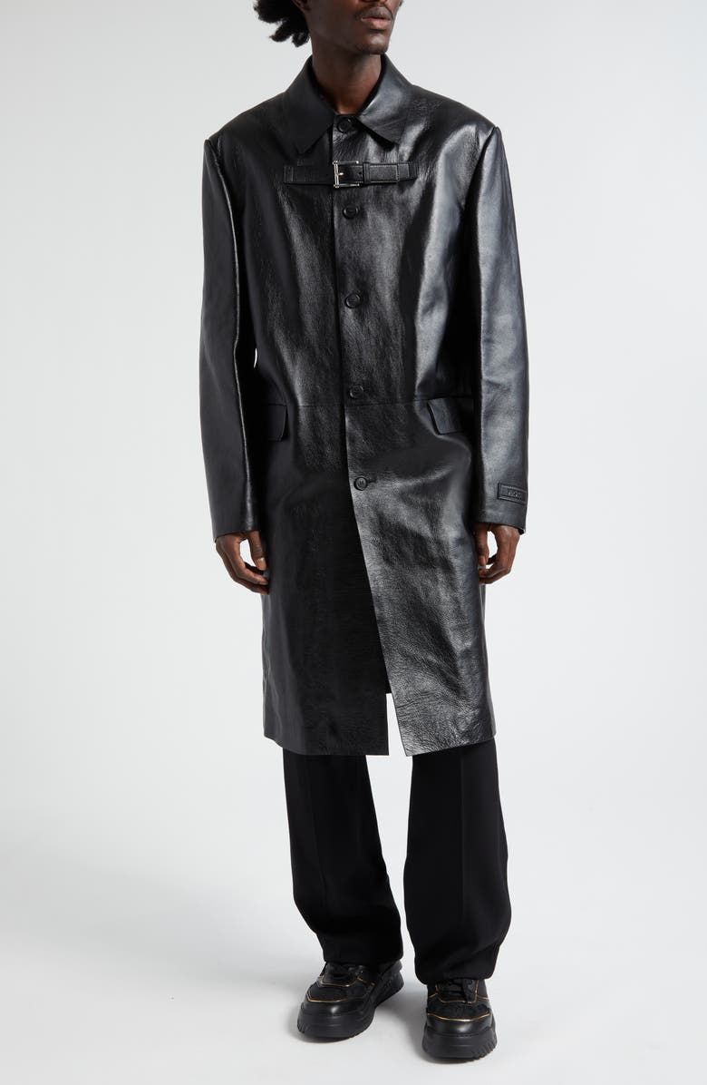Versace Strap Detail Calfskin Leather Coat, Main, color,
