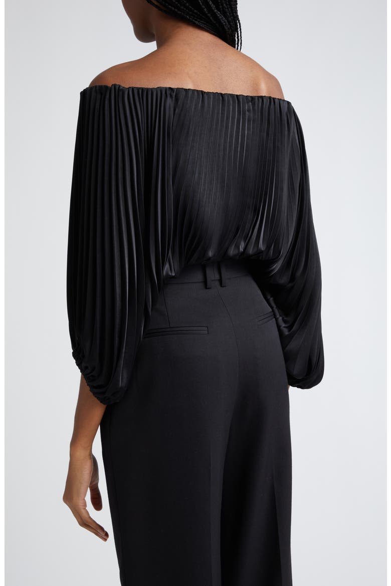 Sienna Plissé Off the Shoulder Top, Alternate, color, BLACK