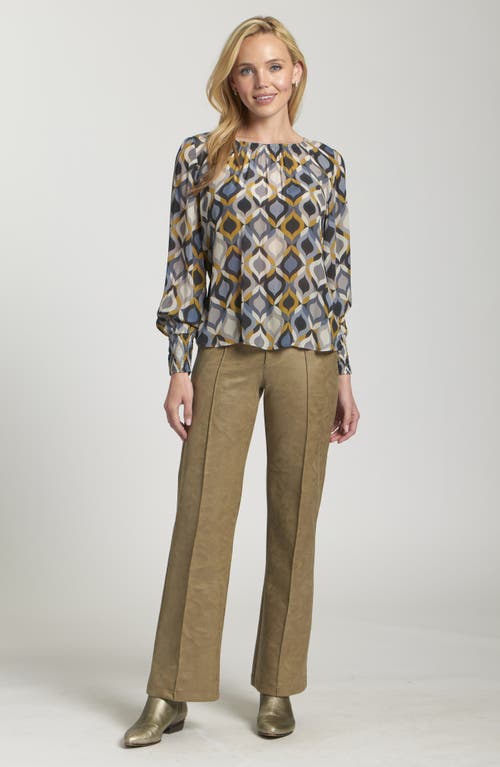 Apny Printed Smocked Cuff Top In Blue