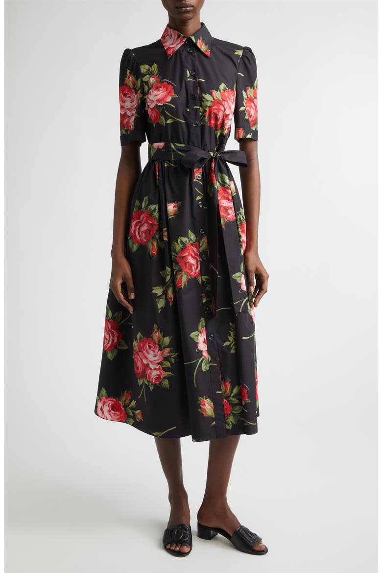 Rose Print Cotton Poplin Shirtdress, Main, color, BOUQUET ROSE F.NERO