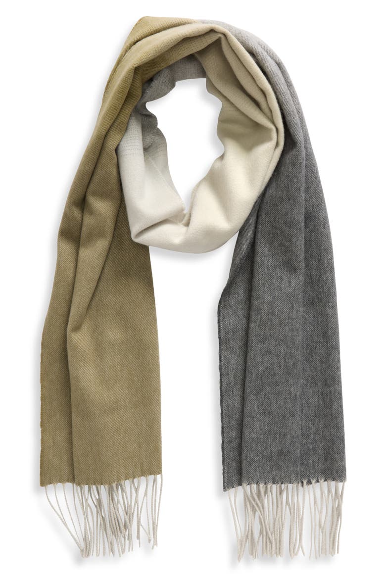 Cashmere Fringe Scarf, Alternate, color, OLIVE / GREY