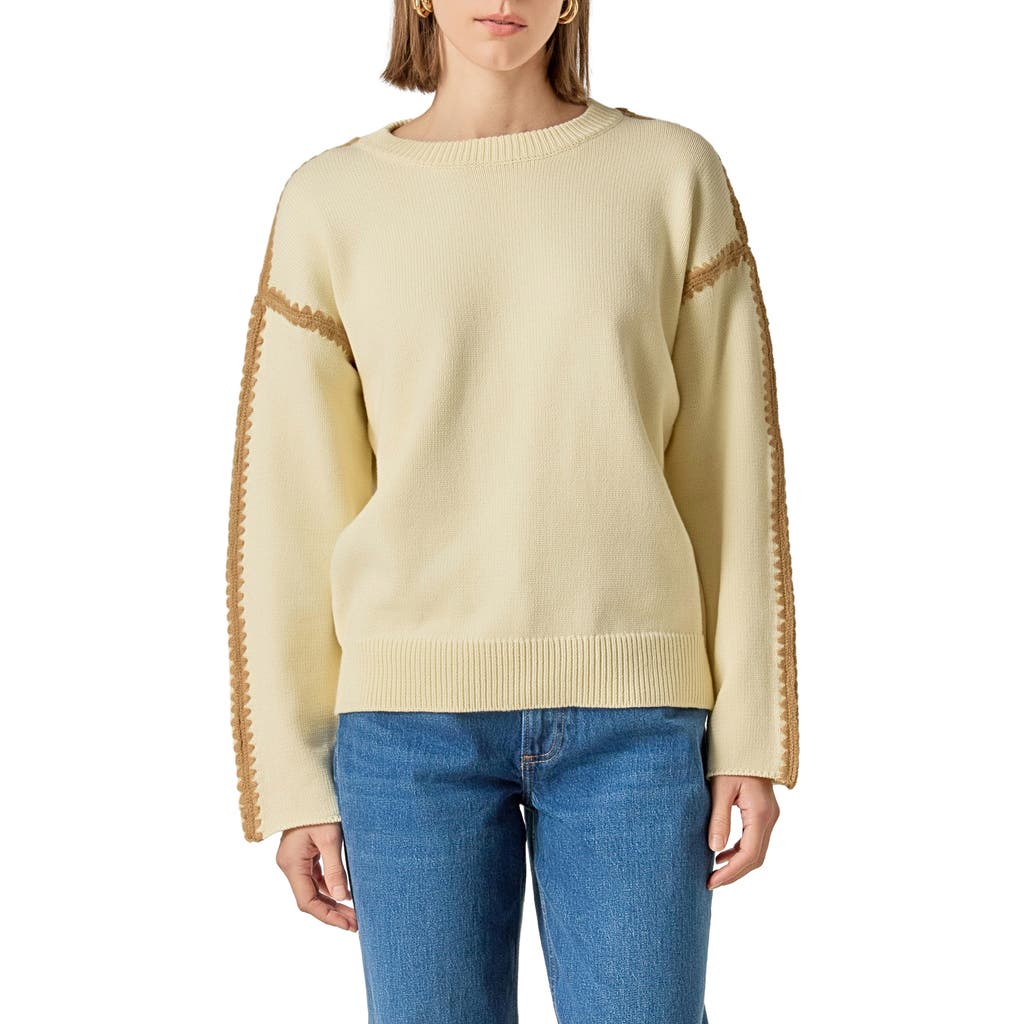 English Factory Stitch Detail Relaxed Fit Cotton Sweater In Brown