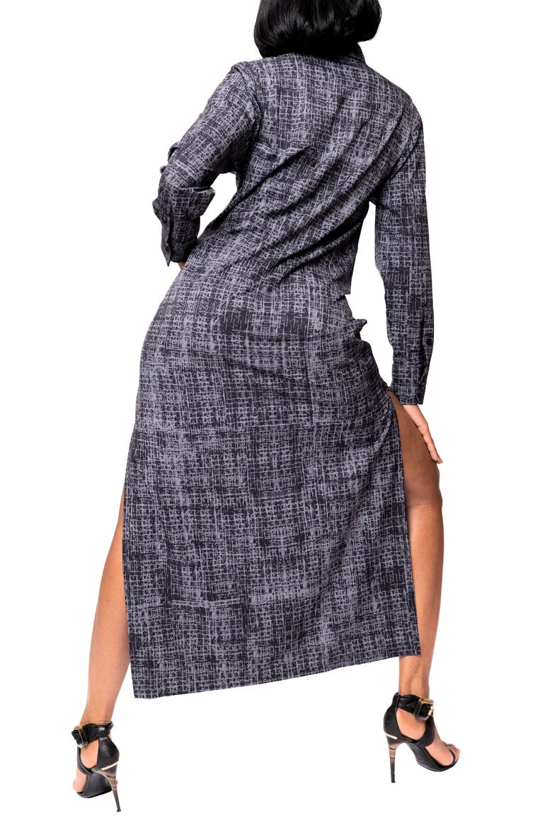 Bali Abstract Print Long Sleeve Double Slit Maxi Shirtdress, Alternate, color, CHARCOAL