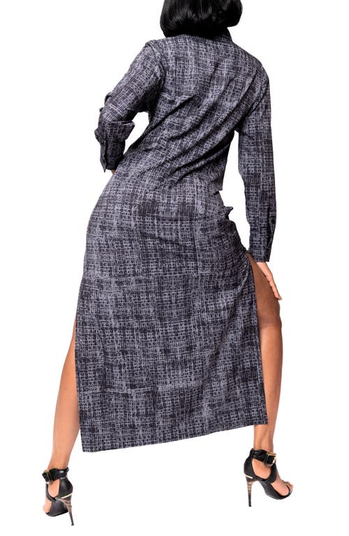 Dai Moda Bali Abstract Print Long Sleeve Double Slit Maxi Shirtdress In Charcoal