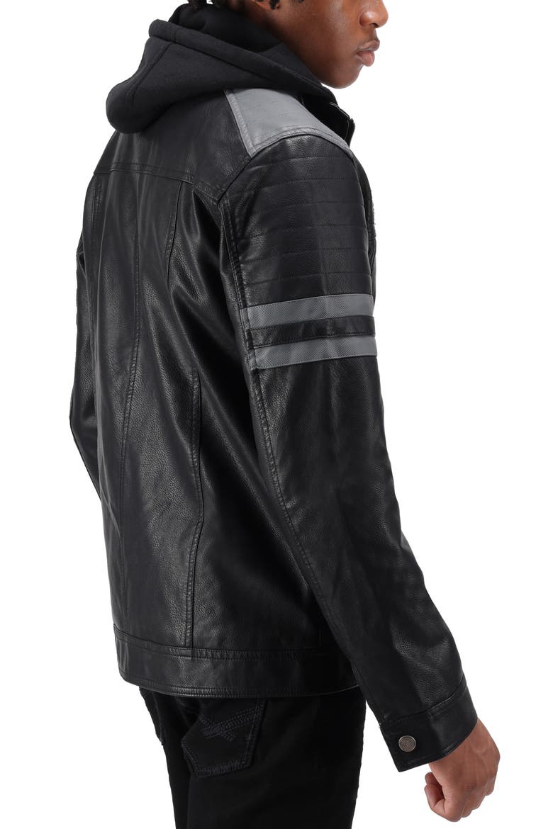 Faux Leather Hooded Moto Jacket, Alternate, color, BLACK/ GREY