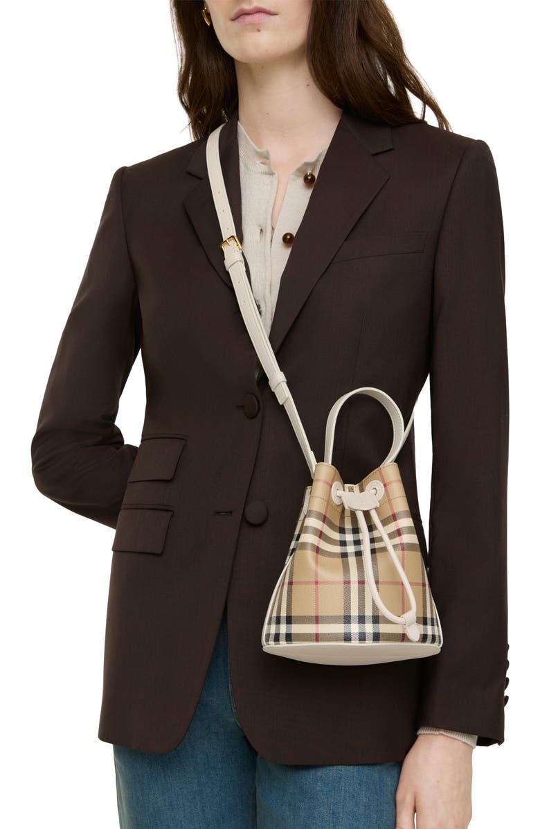 Burberry Mini Check Bucket Bag, Alternate, color, Archive Beige/Soap Beige
