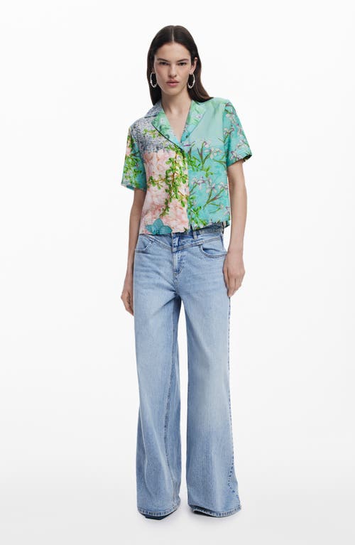 Desigual Printed Button-up Shirt In Water Green