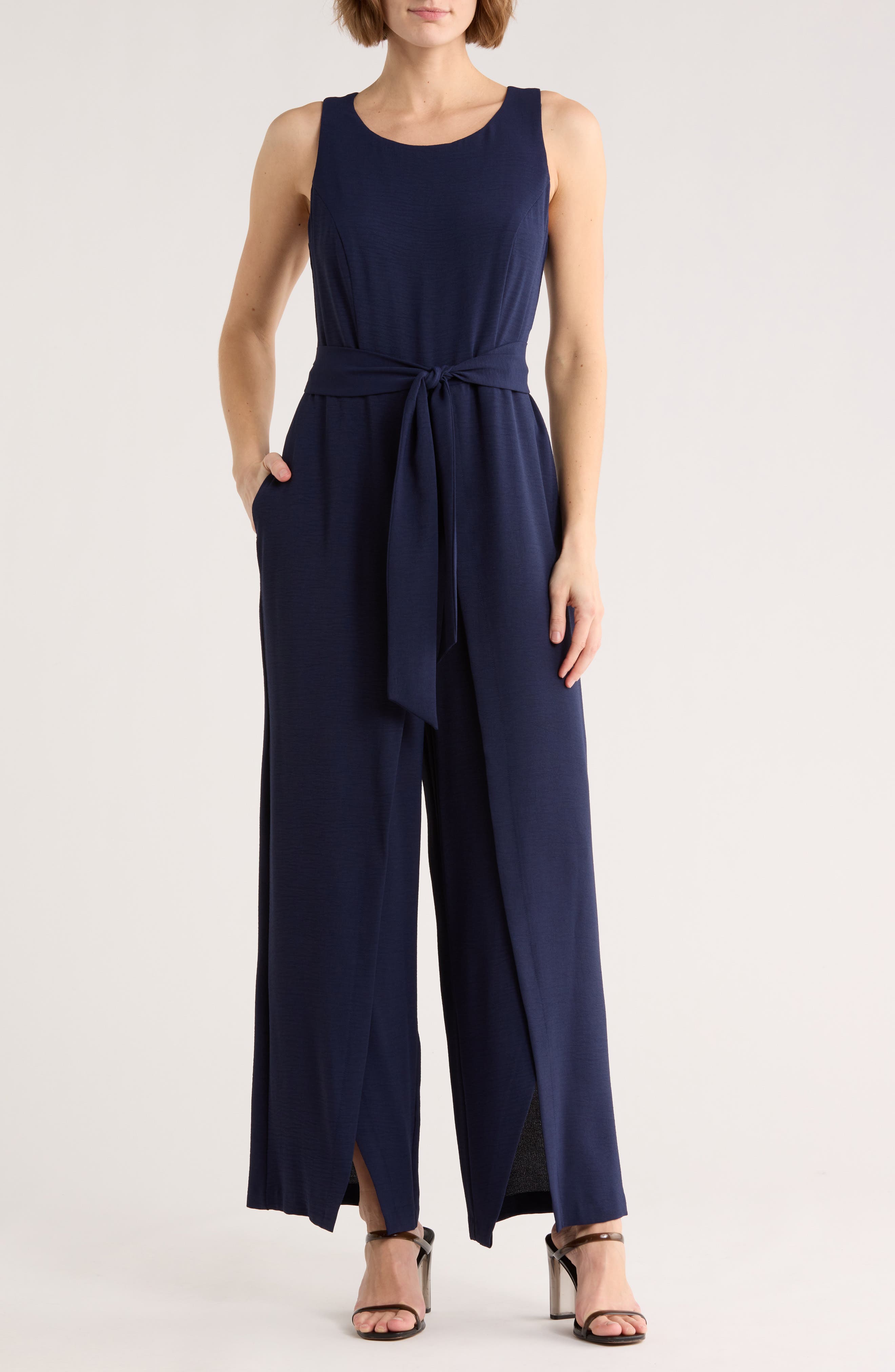Connected Apparel Sleeveless Tie Waist Jumpsuit
