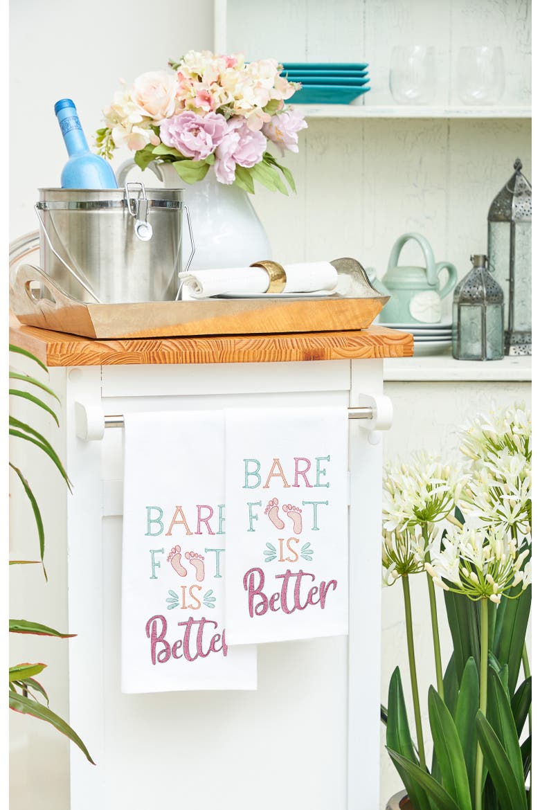 Barefoot Is Better Flour Sack Embroidered Cotton Kitchen Towel, Alternate, color, White