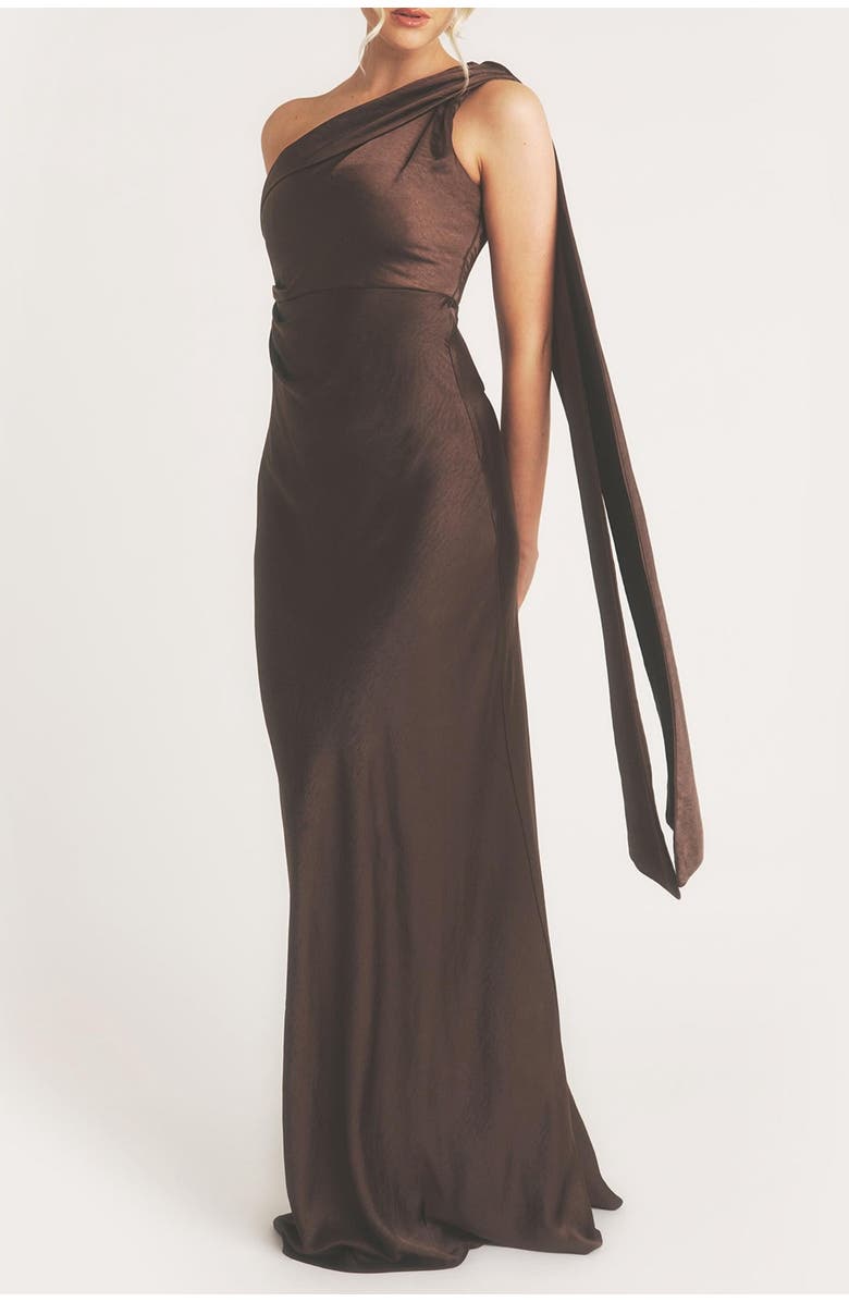 Six Stories One Shoulder Drape Bridesmaid Dress, Alternate, color, Chocolate