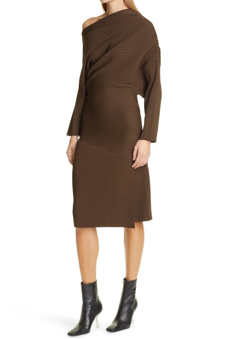 Rib One-Shoulder Long Sleeve Dress, Alternate, color, DARK BROWN