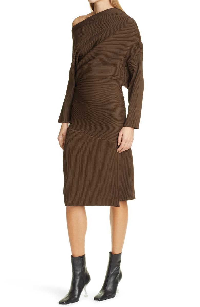 Proenza Schouler Rib One-Shoulder Long Sleeve Dress, Alternate, color,