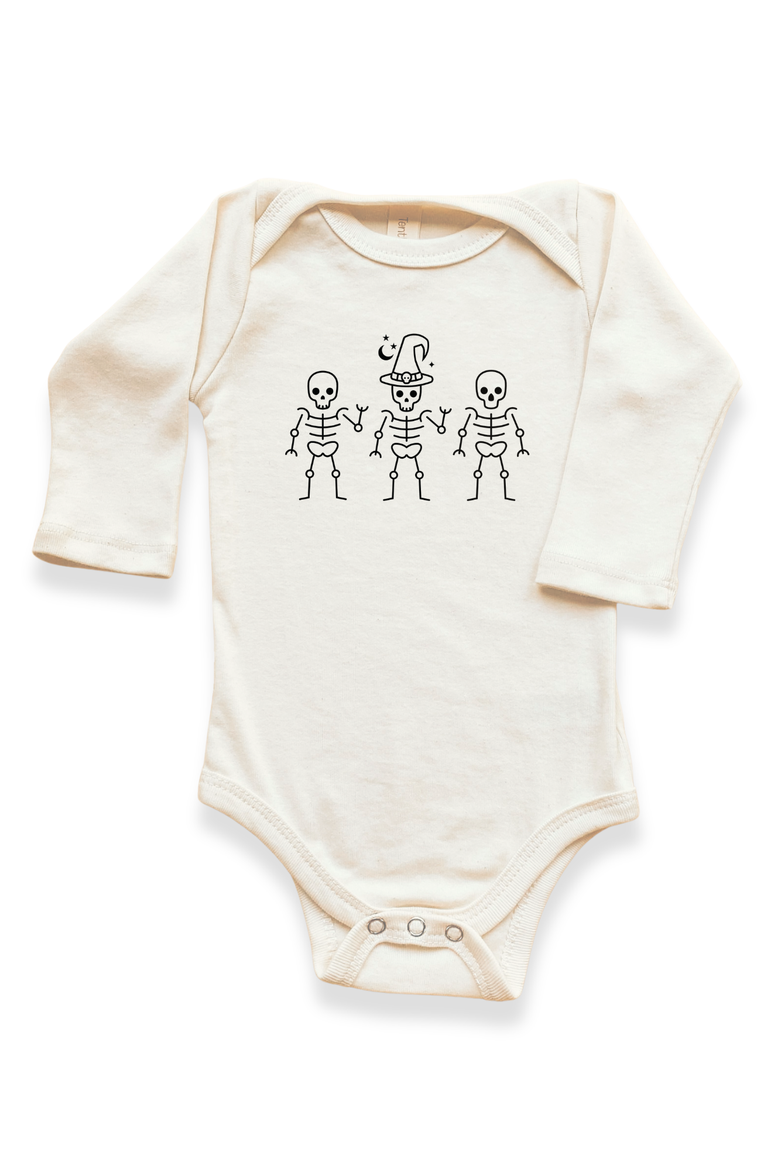 Skeletons - Organic Long Sleeve Baby Bodysuit, Main, color, Natural Black Lettering