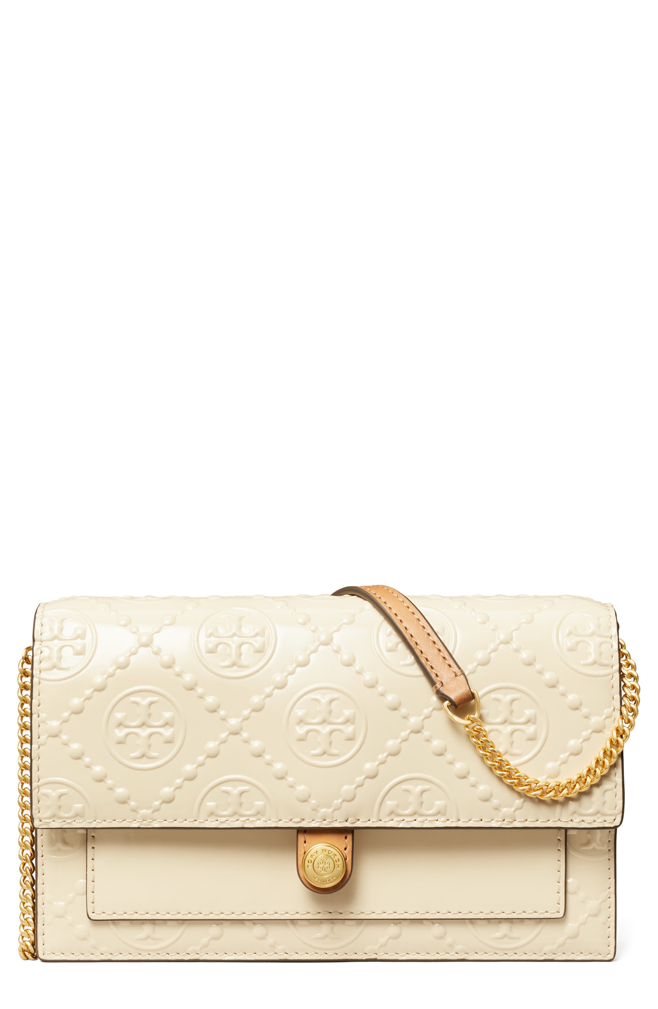T Monogram Embossed Leather Wallet on a Chain, Main, color, LIGHT CREAM