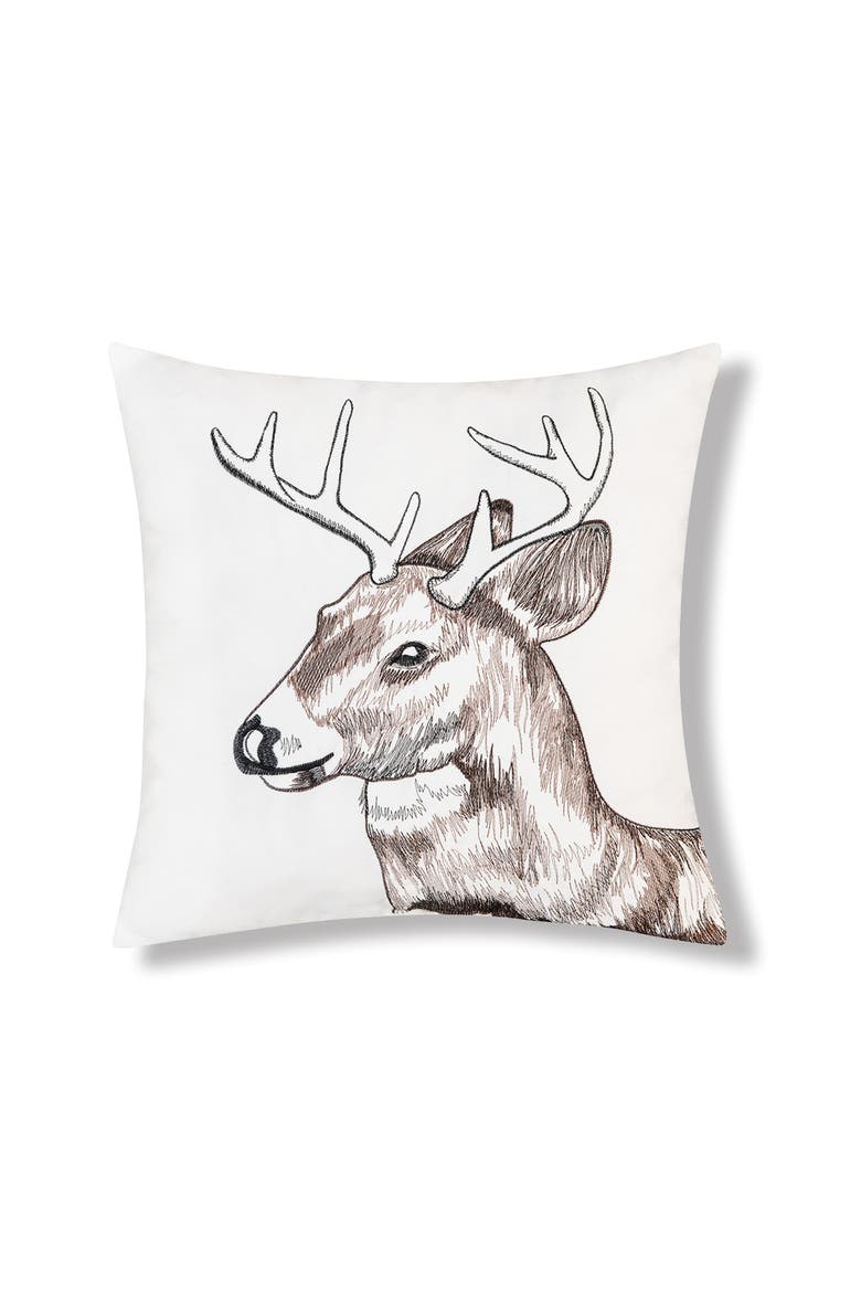 Deer Buck Portrait Indoor/Outdoor Embroidered Accent Throw Pillow 18" x 18", Main, color, Brown