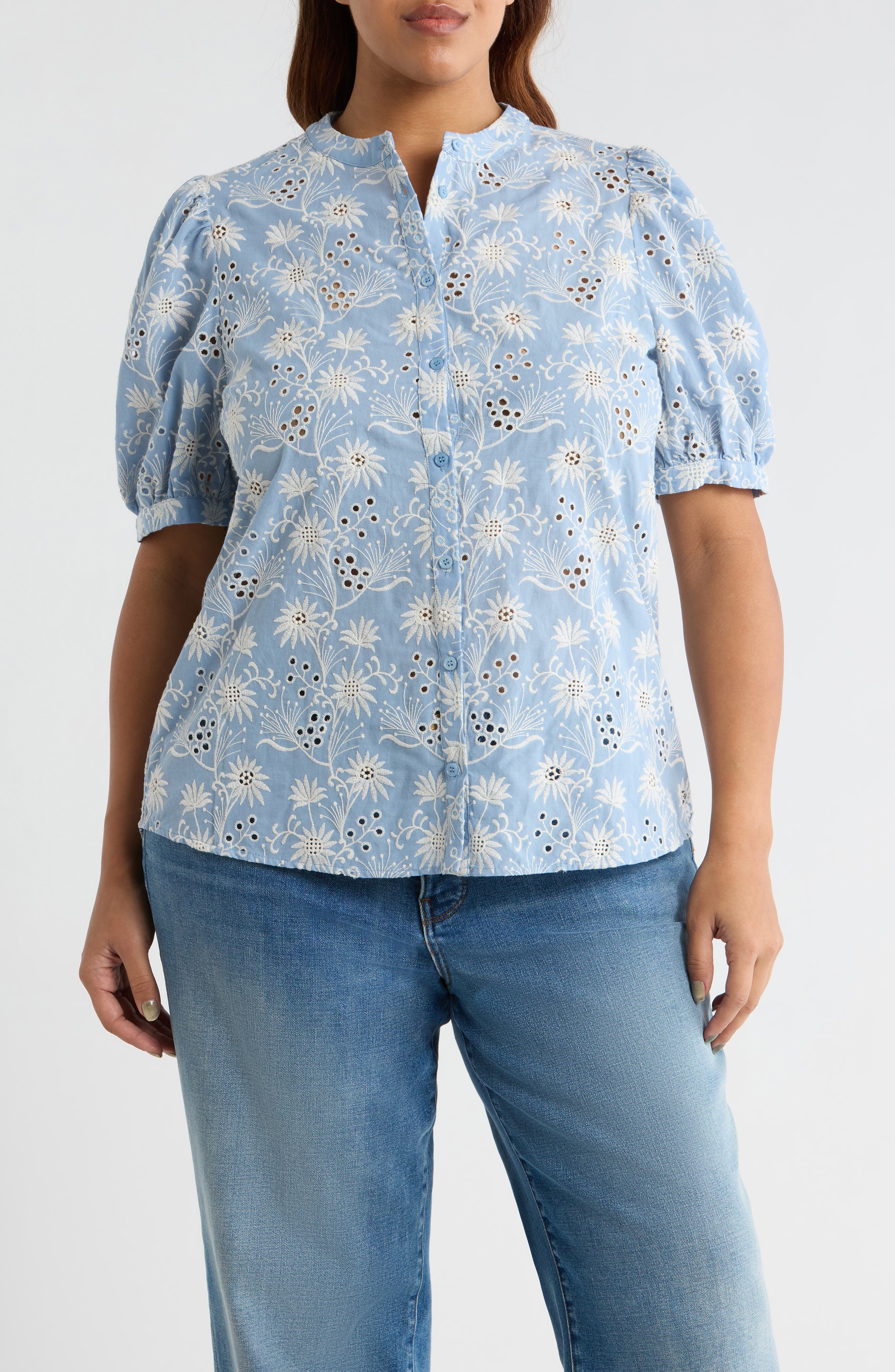 Sugarlips Moonflower Eyelet Embroidery Woven Shirt In Blue