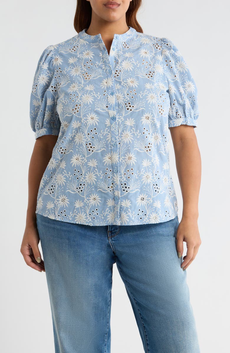 SUGARLIPS Moonflower Eyelet Embroidery Woven Shirt, Main, color, Light-Blue