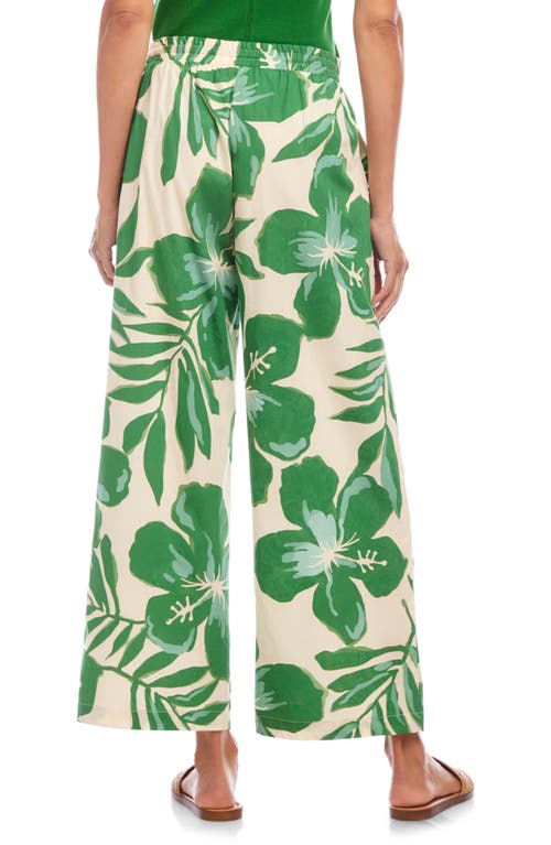 Karen Kane Floral Wide Leg Cotton Drawstring Pants In Green