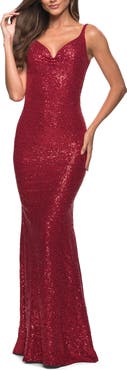 La Femme Long Stretch Sequin Gown with Low Back