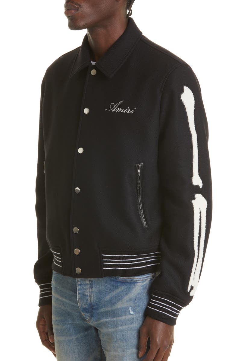 AMIRI Bones Wool Varsity Jacket, Alternate, color, Black