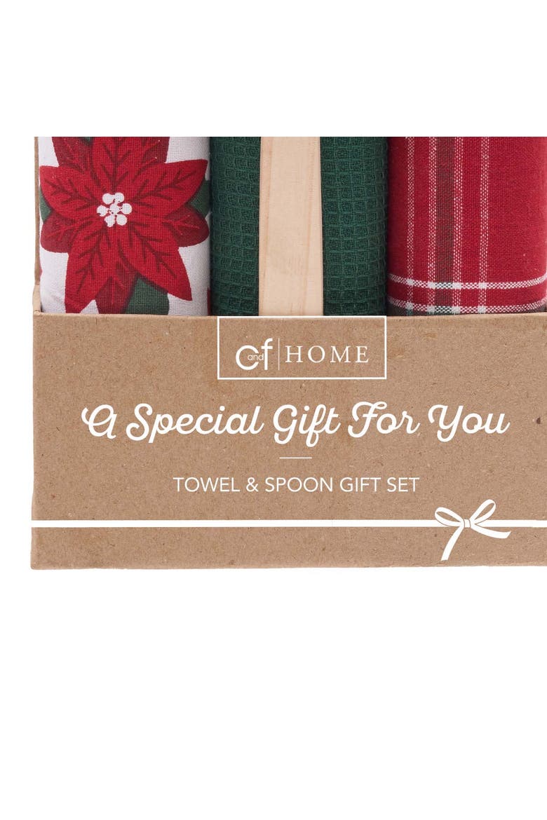 Poinsettia Plaid Towel & Spoon Gift Bundle Set of 4, Alternate, color, Red