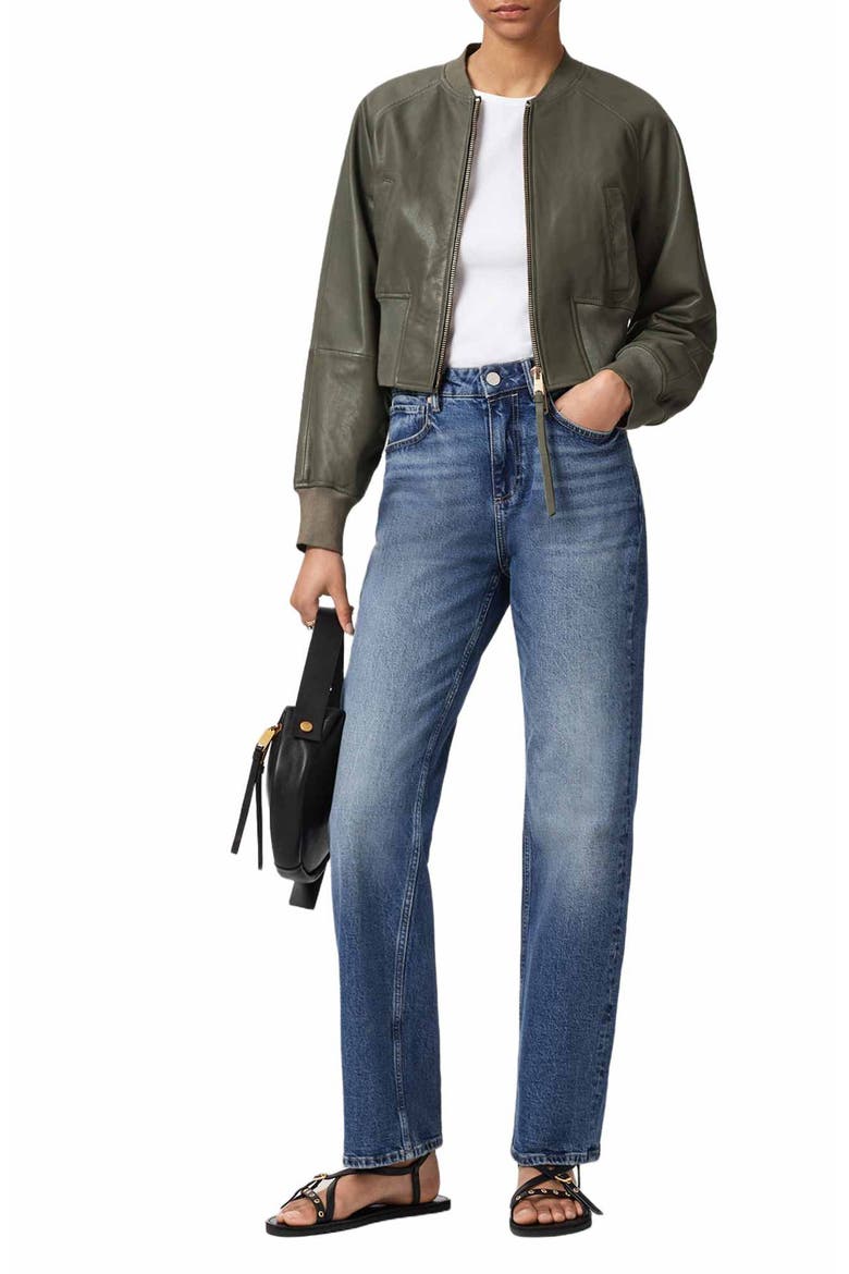 Suri Leather Bomber Jacket, Alternate, color, CALEDON GREEN