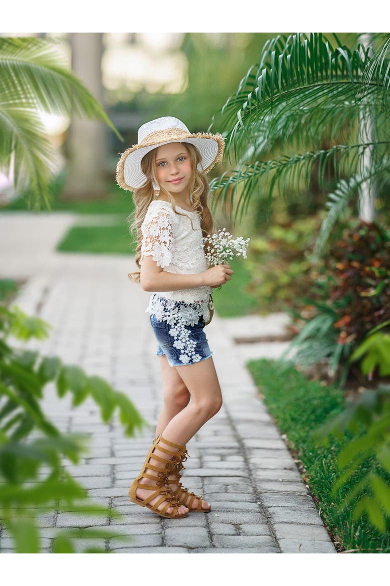Girls Lovely In Lace Denim Shorts Set, Alternate, color, Beige