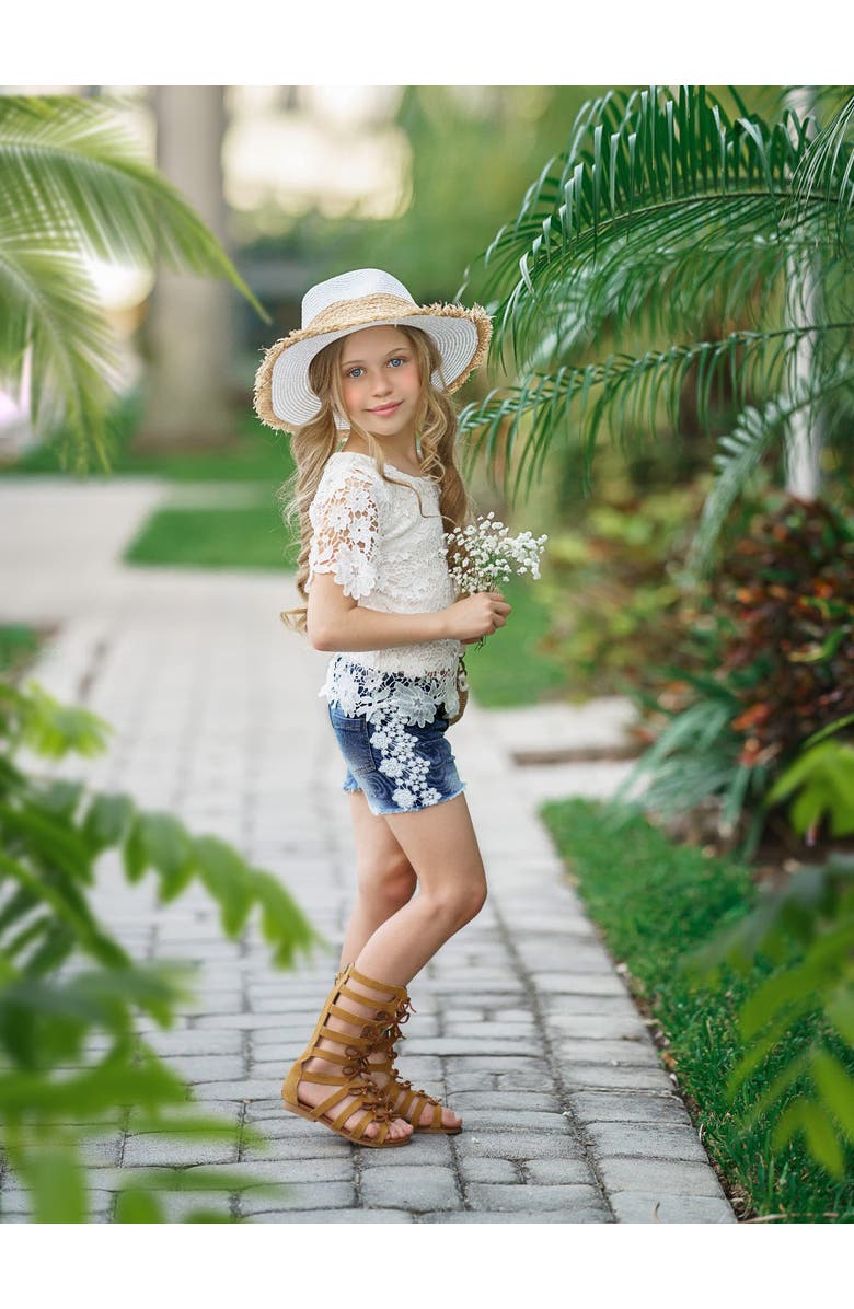 Mia Belle Girls Girls Lovely In Lace Denim Shorts Set, Alternate, color, Beige
