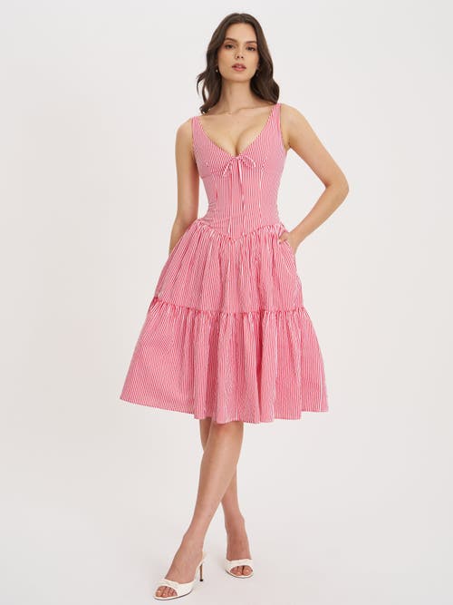 Miss Circle Women Oceana Red Candy Stripe Drop Waist Midi Dress In Pink
