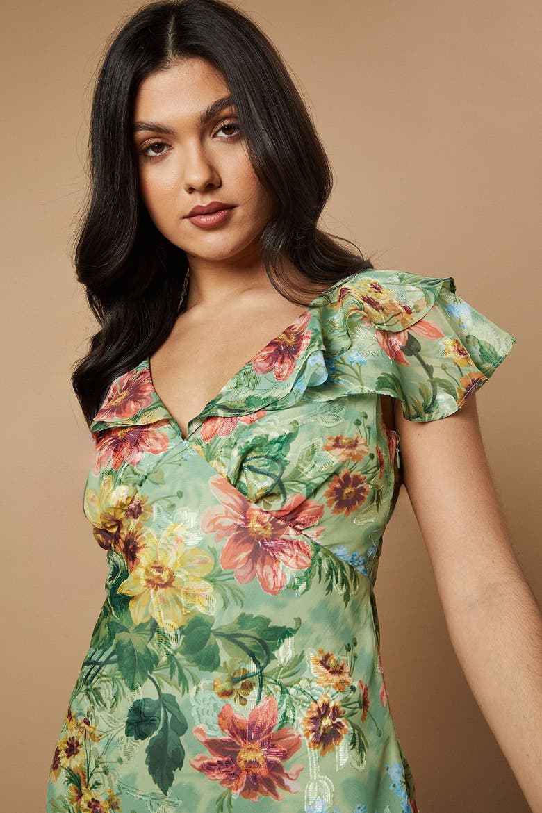 Floral Satin Burnout Ruffle Midi Dress, Alternate, color, Sage