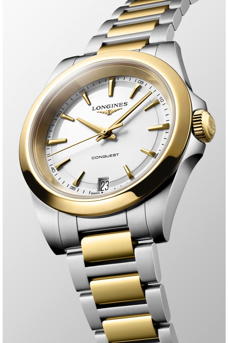 Conquest Two Tone Bracelet Watch, 34mm, Alternate, color, WHITE