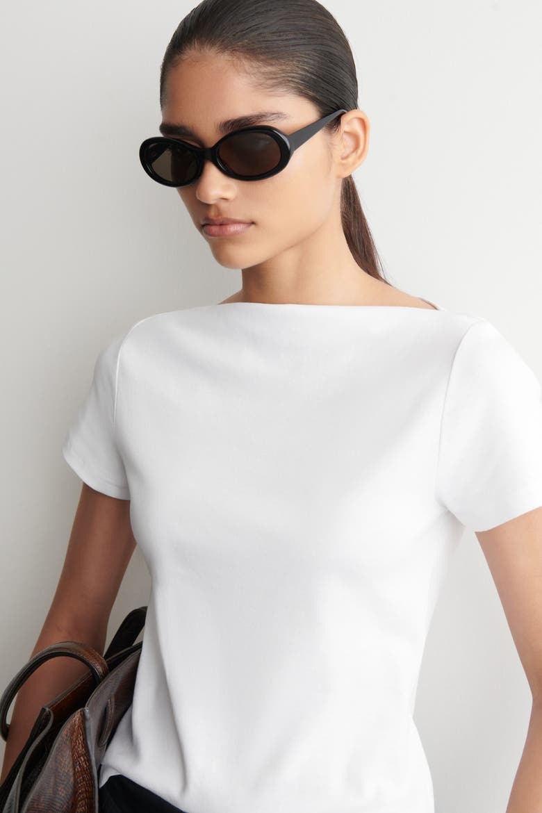 Slim Boat-neck Cotton T-shirt, Alternate, color, WHITE