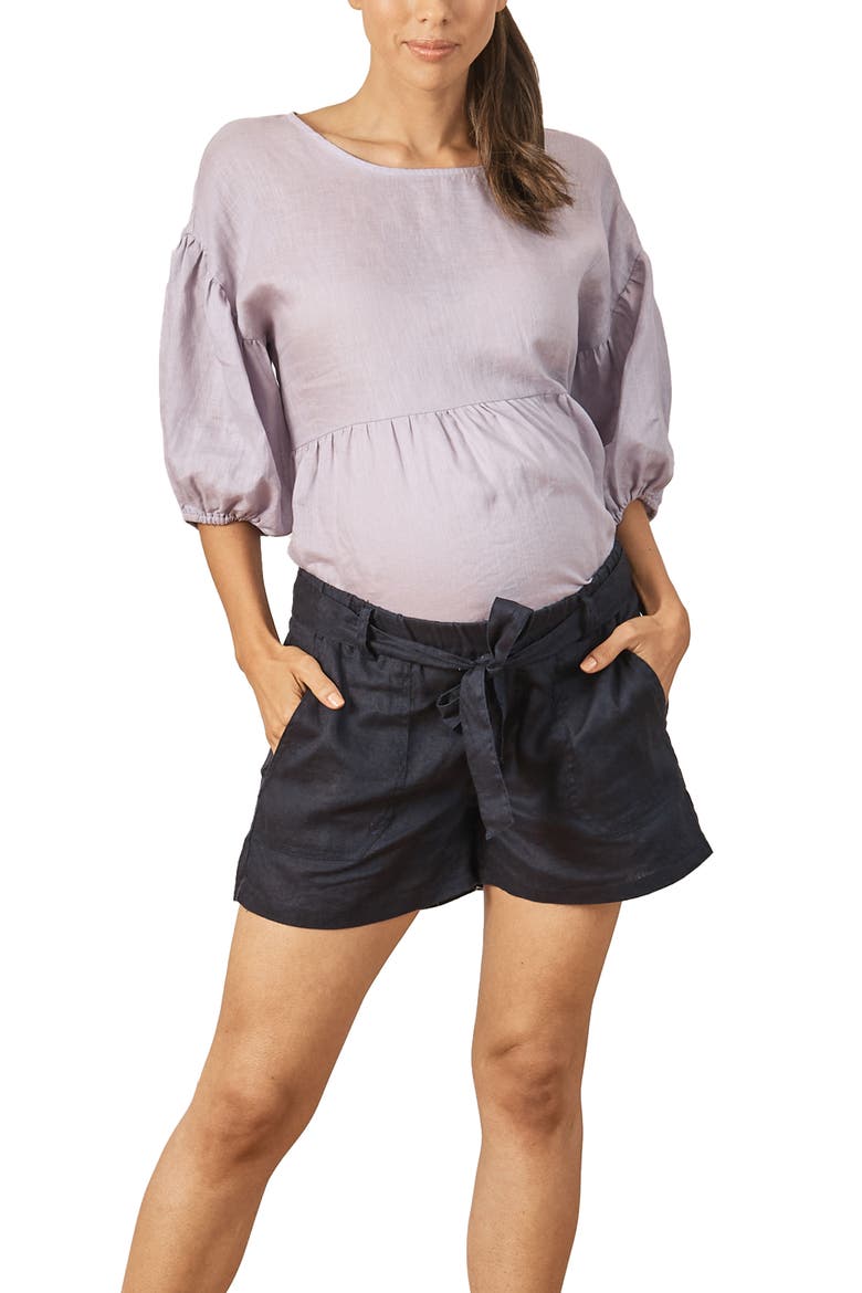 Tie Waist Linen Maternity Shorts, Alternate, color, NAVY