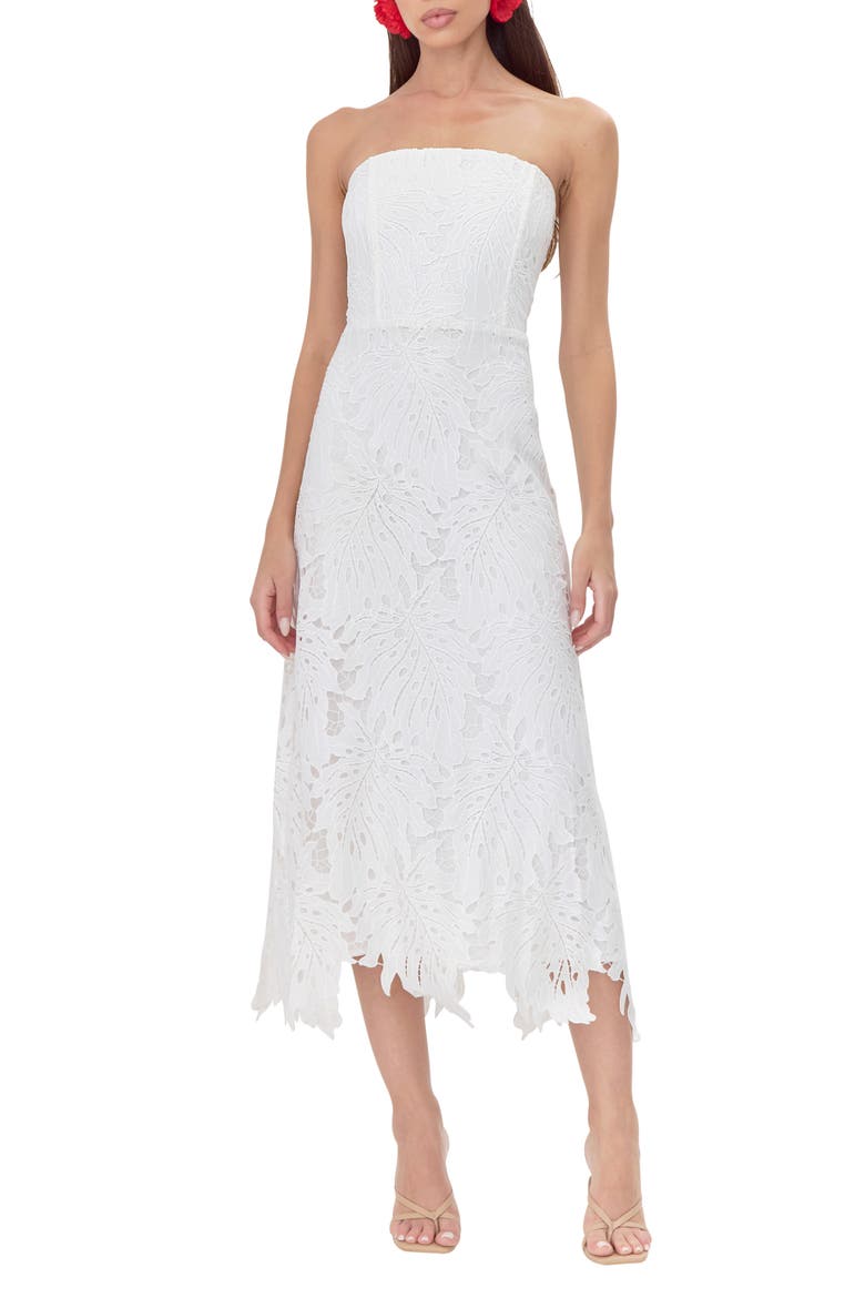 Jessika 3D Lace Strapless Midi Dress, Main, color, WHITE