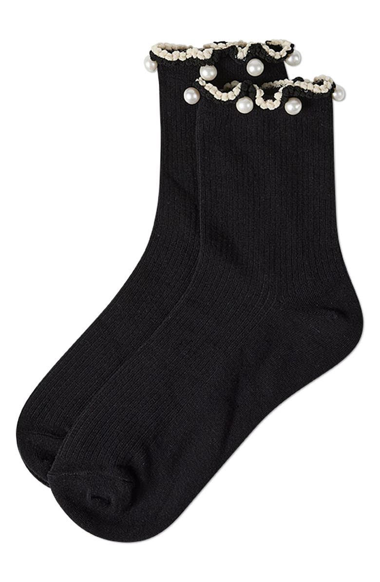 MeMoi Faux Pearl Lettuce Edge Cotton Blend Crew Socks, Alternate, color, Black
