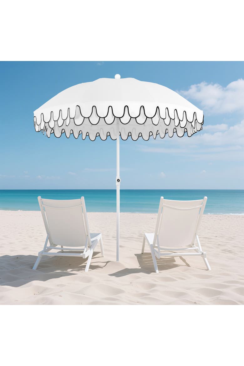 Horizon Coastal Scalloped Edge Beach Umbrella with Fringe, Push-Button Tilt, UV 50 Outdoor Canopy and Portable Carry Bag, Alternate, color, White - White Pole