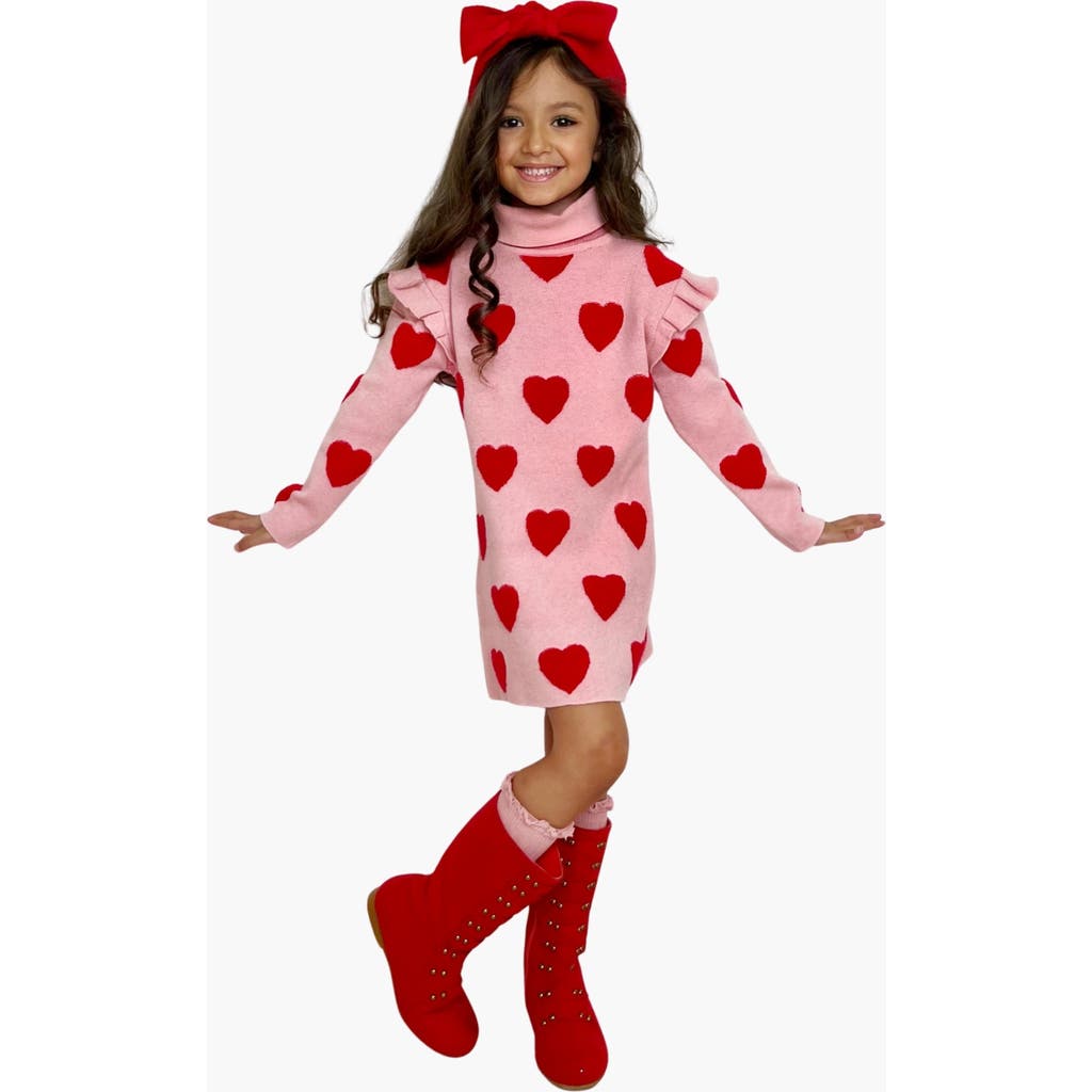MIA BELLE GIRLS MIA BELLE GIRLS KIDS' WARMS MY HEART PINK TURTLENECK SWEATER DRESS