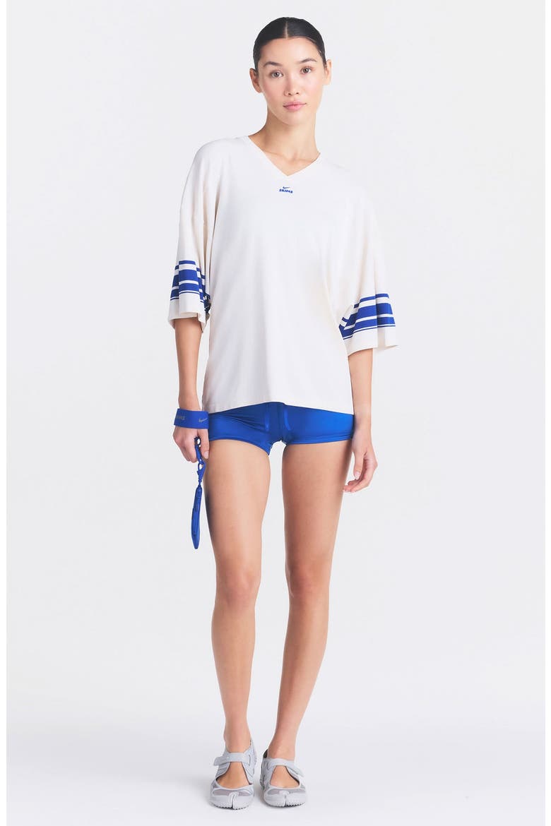Stretch Knit Oversized V-Neck Top, Alternate, color, NSKM IVORY/ NSKM COBALT