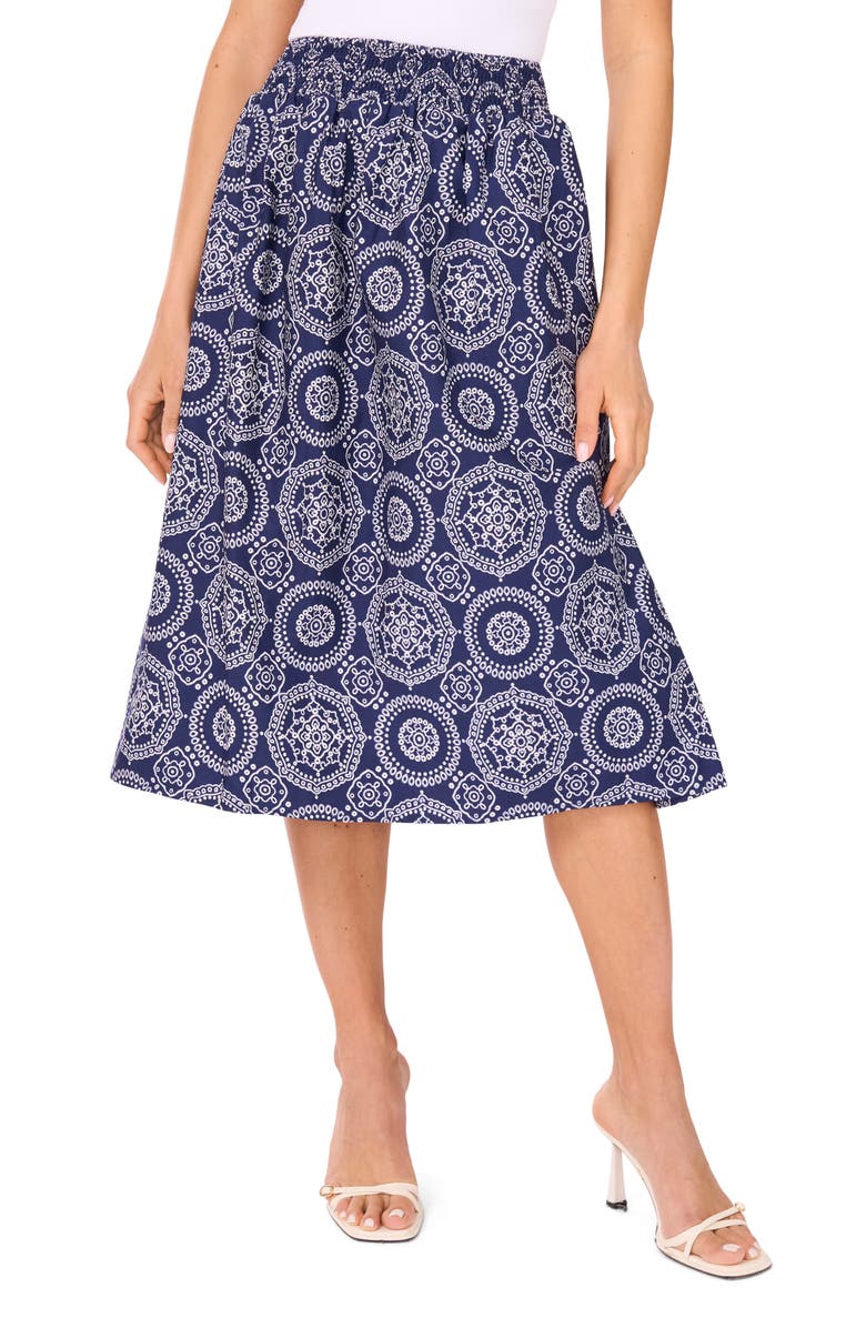 CeCe Cotton Poplin A-Line Midi Skirt, Main, color, Navy/ White